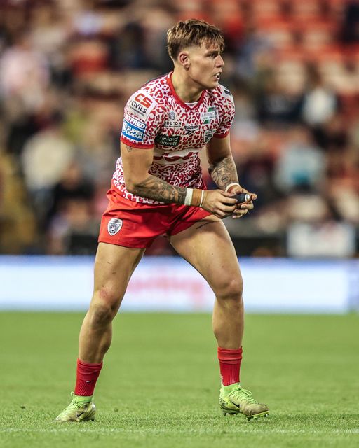 Keanan Brand of Leigh Leopards during the Betfred Super League round 25 match Leigh Leopards vs Castleford Tigers at Leigh Sports Village, Leigh, United Kingdom, 28th August 2025

(Photo by Alfie Cosgrove/News Images)