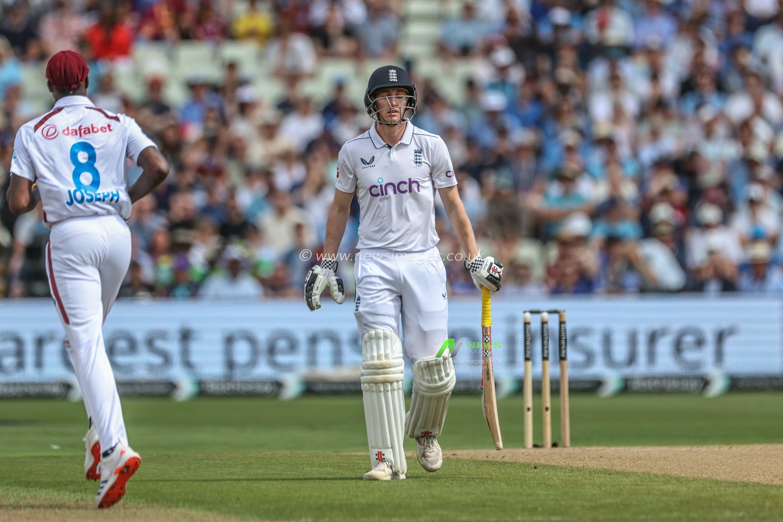 A dejected Harry Brook of England leaves the field of play after being caught out by Joshua Da Silva of West Indies during Day Two of the Rothesay Test match England vs West Indies at Edgbaston, Birmingham, United Kingdom, 27th July 2024

(Photo by Mark Cosgrove/News Images)