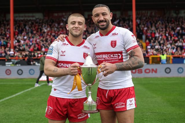 Mikey Lewis and Elliot Minchella of Hull KR with the Clive Sullivan Memorial Trophy during the Betfred Super League round 7 match Hull KR vs Hull FC at Sewell Group Craven Park, Hull, United Kingdom on 03 April 2026

(Photo by Mark Cosgrove/News Images)
