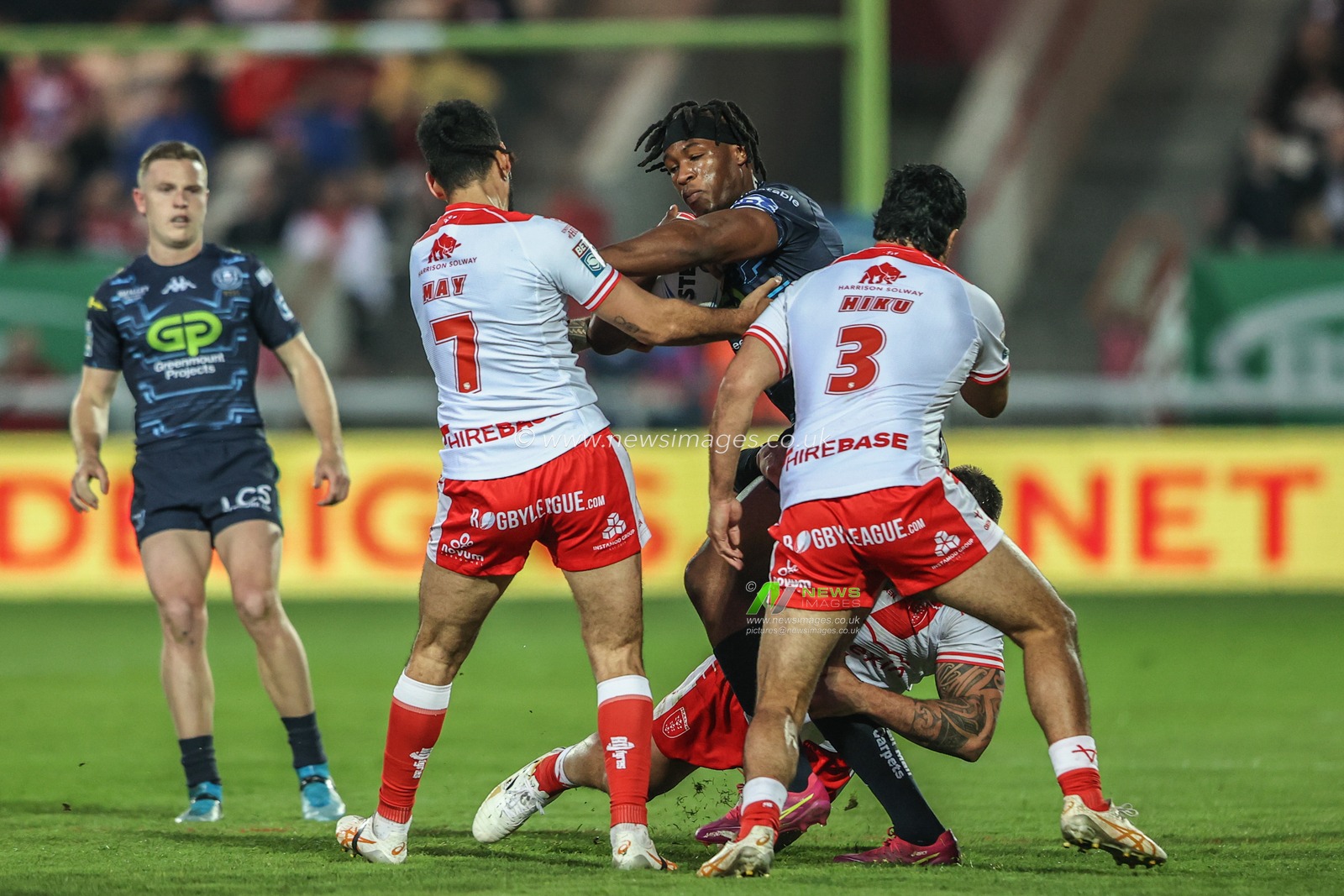 Junior Nsemba of Wigan Warriors is tackled by Tyrone May of Hull KR during the Betfred Super League Round 7 match Hull KR vs Wigan Warriors at Sewell Group Craven Park, Kingston upon Hull, United Kingdom, 11th April 2025

(Photo by Alfie Cosgrove/News Images)