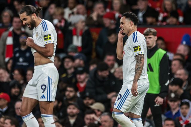 Noah Okafor of Leeds United celebrates his goal to make it 0-2 during the Premier League match Manchester United vs Leeds United at Old Trafford, Manchester, United Kingdom on 13 April 2026

(Photo by Mark Cosgrove/News Images)