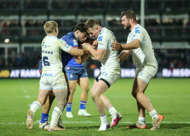 players collide during the Betfred Super League Round 1 match Wakefield Trinity vs Toulouse Olympique at DIY Kitchens Stadium, Wakefield, United Kingdom on 14 February 2026

(Photo by Richard Bierton/News Images)
