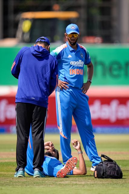 Gurnoor Brar of India clutches his leg with a potential injury and receives treatment during the 1st Metro Bank ODI match England vs India at Edgbaston, Birmingham, United Kingdom on 14 July 2026

(Photo by Maynard Manyowa/News Images)
