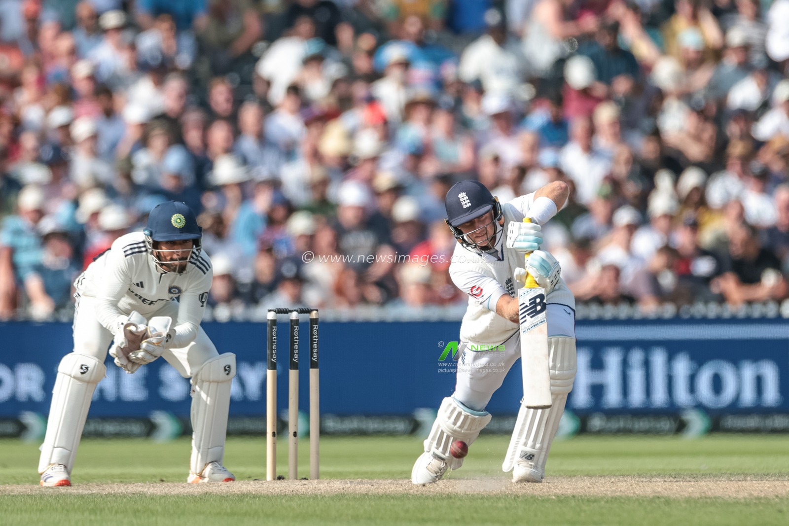 Joe Root of England hits the ball for one run to make his century and half (150 runs) during the 4th Rothesay Test Match match Day 3 England vs India at Old Trafford Cricket Ground, Manchester, United Kingdom, 25th July 2025

(Photo by Mark Cosgrove/News Images)