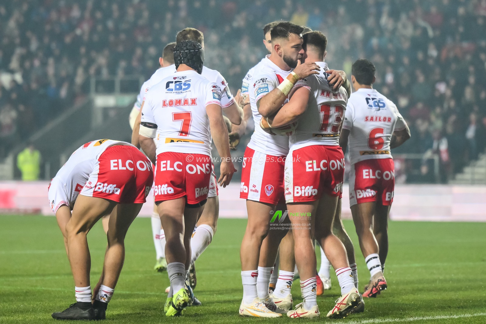 Morgan Knowles of St. Helens celebrates his try during the Betfred Super League Round 1 match St Helens vs Salford Red Devils at Totally Wicked Stadium, St Helens, United Kingdom, 15th February 2025

(Photo by Craig Thomas/News Images)