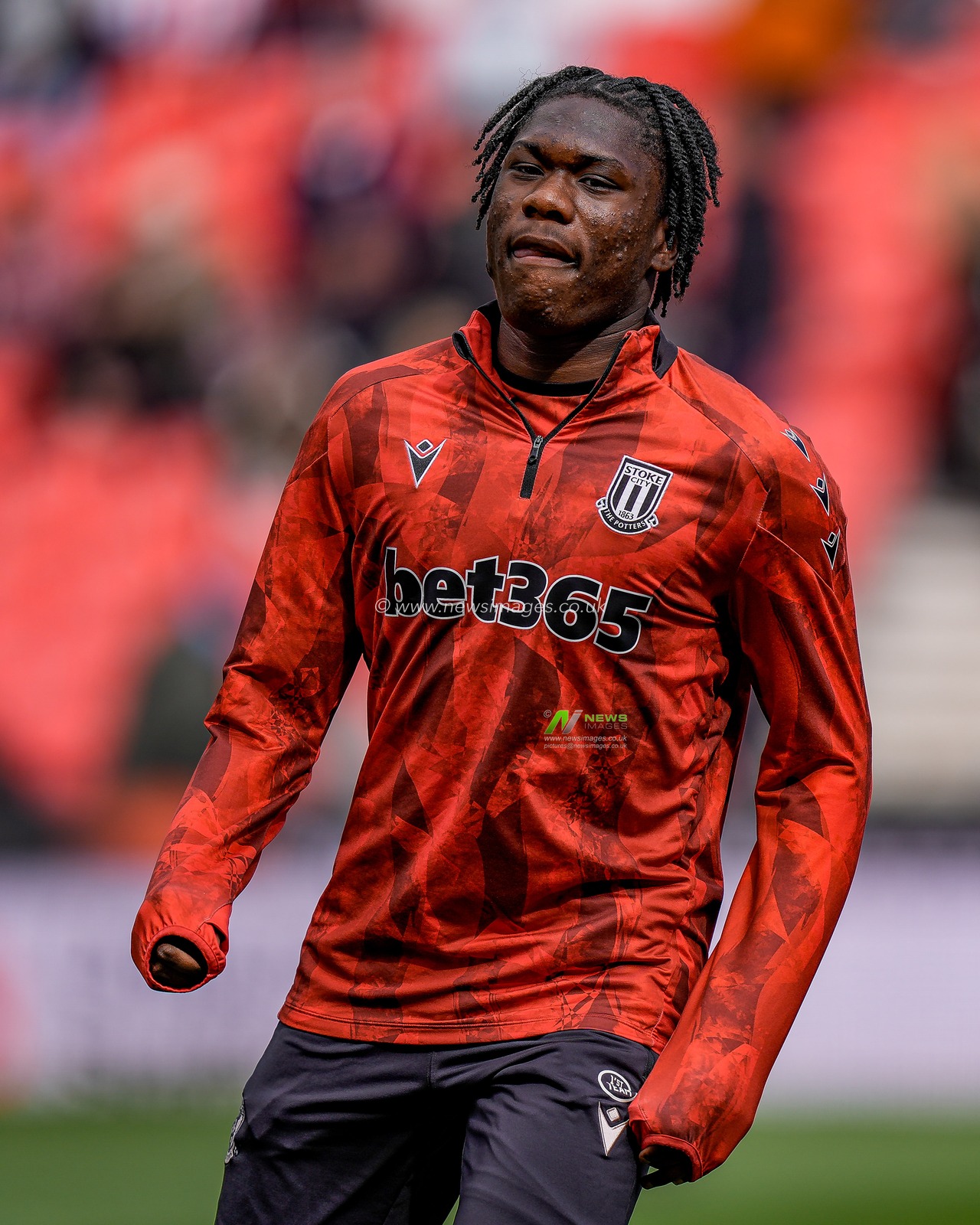 Sydney Agina of Stoke City in the pregame warmup session  during the Sky Bet Championship match Stoke City vs Blackburn Rovers at Bet365 Stadium, Stoke On Trent, United Kingdom on 11 April 2026

(Photo by Maynard Manyowa/News Images)