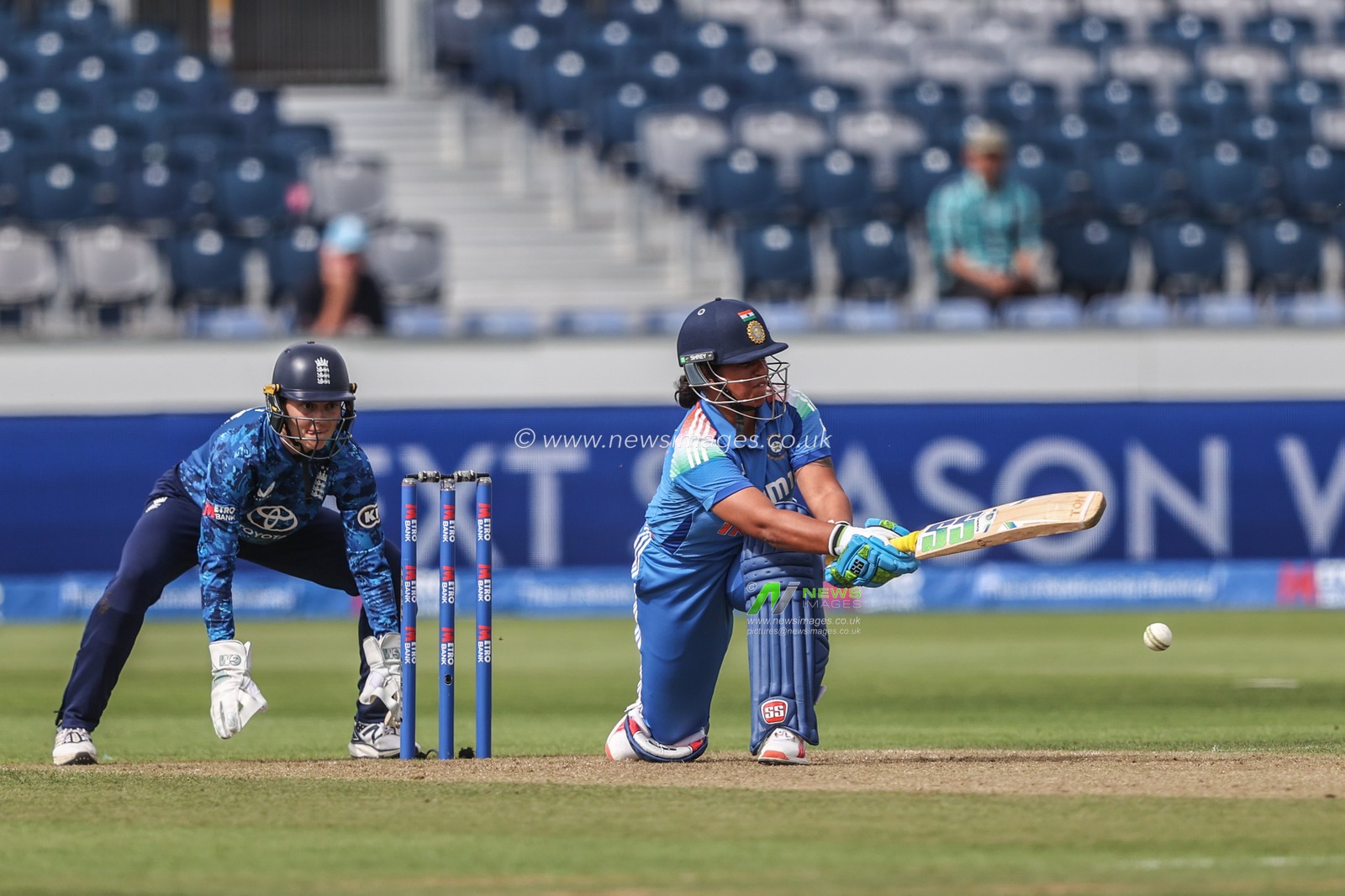 Richa Ghosh of India plays a shot during the 3rd Metro Bank One Day International England Women vs India Women at Banks Homes Riverside Stadium, Chester-le-street, United Kingdom, 22nd July 2025

(Photo by Alfie Cosgrove/News Images)