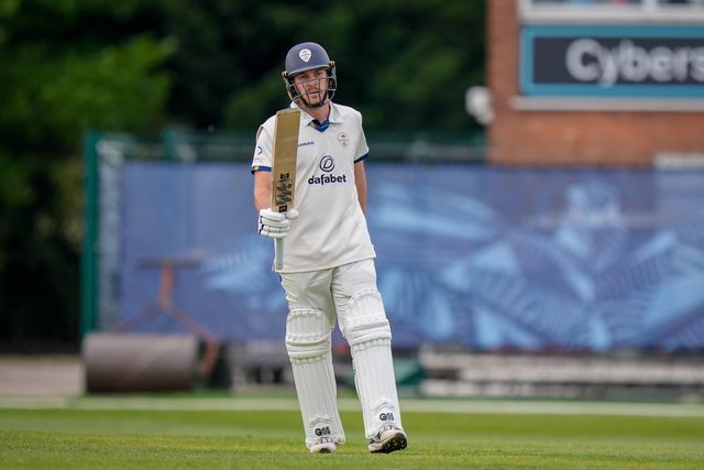 Matthew Montgomery of Derbyshire raises his bat after scoring a 50 during the County Championship Division Two Derbyshire vs Northamptonshire day one match at The Central Co-Op County Ground, Derby, United Kingdom on 08 May 2026

(Photo by Maynard Manyowa/News Images)