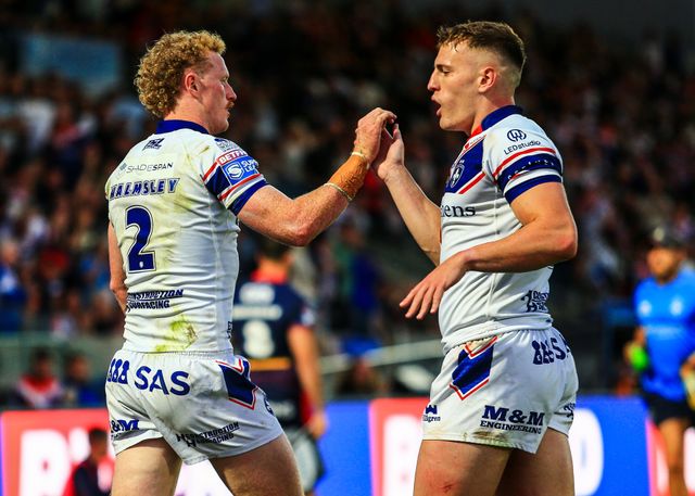 Lachlan Walmsley of Wakefield Trinity celebrates his try during the Betfred Super League round 21 match Wakefield Trinity vs St Helens at DIY Kitchens Stadium, Wakefield, United Kingdom, 8th August 2025

(Photo by Richard Bierton/News Images)