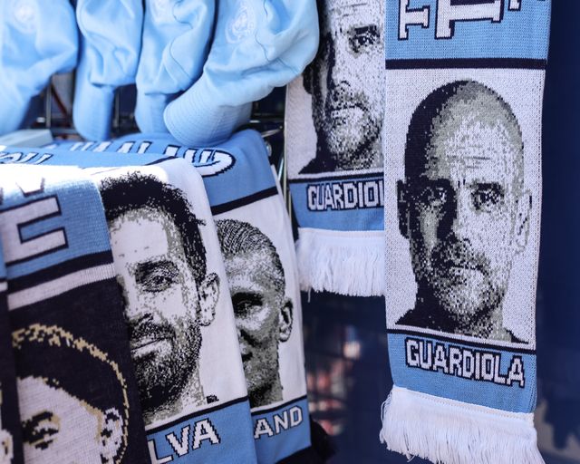 Pep Guardiola manager of Manchester City scarfs on slate during the Premier League match Manchester City vs Aston Villa at Etihad Stadium, Manchester, United Kingdom on 24 May 2026

(Photo by Mark Cosgrove/News Images)