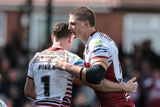 Jai Field of Wigan Warriors celebrates his try during the Betfred Challenge Cup Quarter Final match Wakefield Trinity vs Wigan Warriors at DIY Kitchens Stadium, Wakefield, United Kingdom on 12 April 2026

(Photo by Mark Cosgrove/News Images)