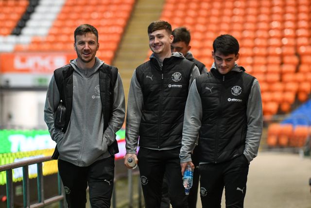 Lee Evans, Zac Ashworth and Rob Apter of Blackpool arrive ahead of the Vertu Trophy match Blackpool vs Aston Villa U21 at Bloomfield Road, Blackpool, United Kingdom, 17th December 2024

(Photo by Craig Thomas/News Images)