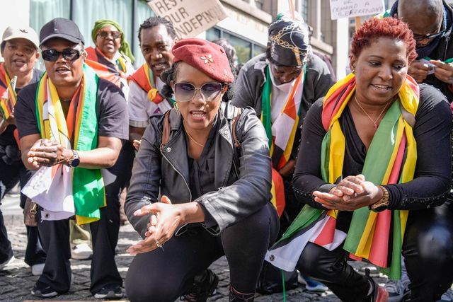 UK-based Zimbabweans gather outside the Zimbabwe Embassy in London on 18 April 2026 to protest the Constitution of Zimbabwe Amendment (No. 3) Bill, which critics say would extend President Mnangagwa’s rule until 2030 and strip citizens of the direct vote for president.

(Photo by Maynard Manyowa/News Images)