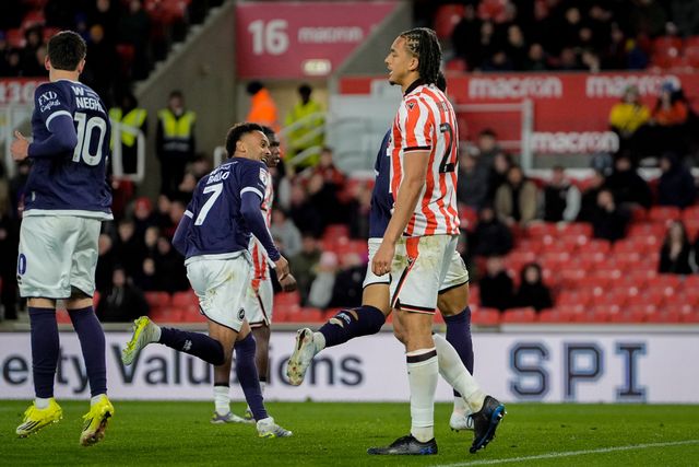 Femi Azeez of Millwall celebrates his goal to make it 0-2 during the Sky Bet Championship match Stoke City vs Millwall at Bet365 Stadium, Stoke On Trent, United Kingdom on 21 April 2026

(Photo by Maynard Manyowa/News Images)