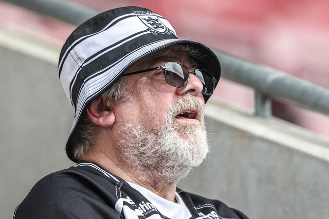 Hull FC fans during the Betfred Super League Round 19 match Wigan Warriors vs Hull FC at The Brick Community Stadium, Wigan, United Kingdom, 19th July 2025

(Photo by Alfie Cosgrove/News Images)