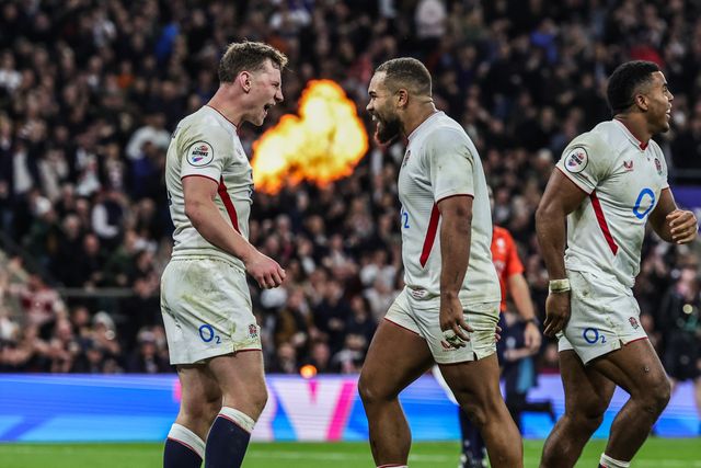 Fraser Dingwall of England celebrates his try during the Quilter Nations Series 2025 match England vs New Zealand at Allianz Stadium, Twickenham, United Kingdom, 15th November 2025

(Photo by Mark Cosgrove/News Images)

*** GER AUT SUI OUT ***
