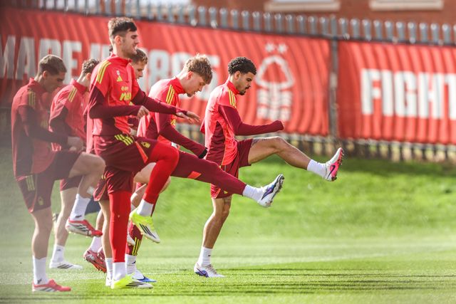 Morgan Gibbs-White of Nottingham Forest leads the group during the Nottingham Forest open training session ahead of their UEFA Europa League last 16 match against FC Midtjylland at The Nigel Doughty Academy, Nottingham, United Kingdom on 11 March 2026

(Photo by Alfie Cosgrove/News Images)