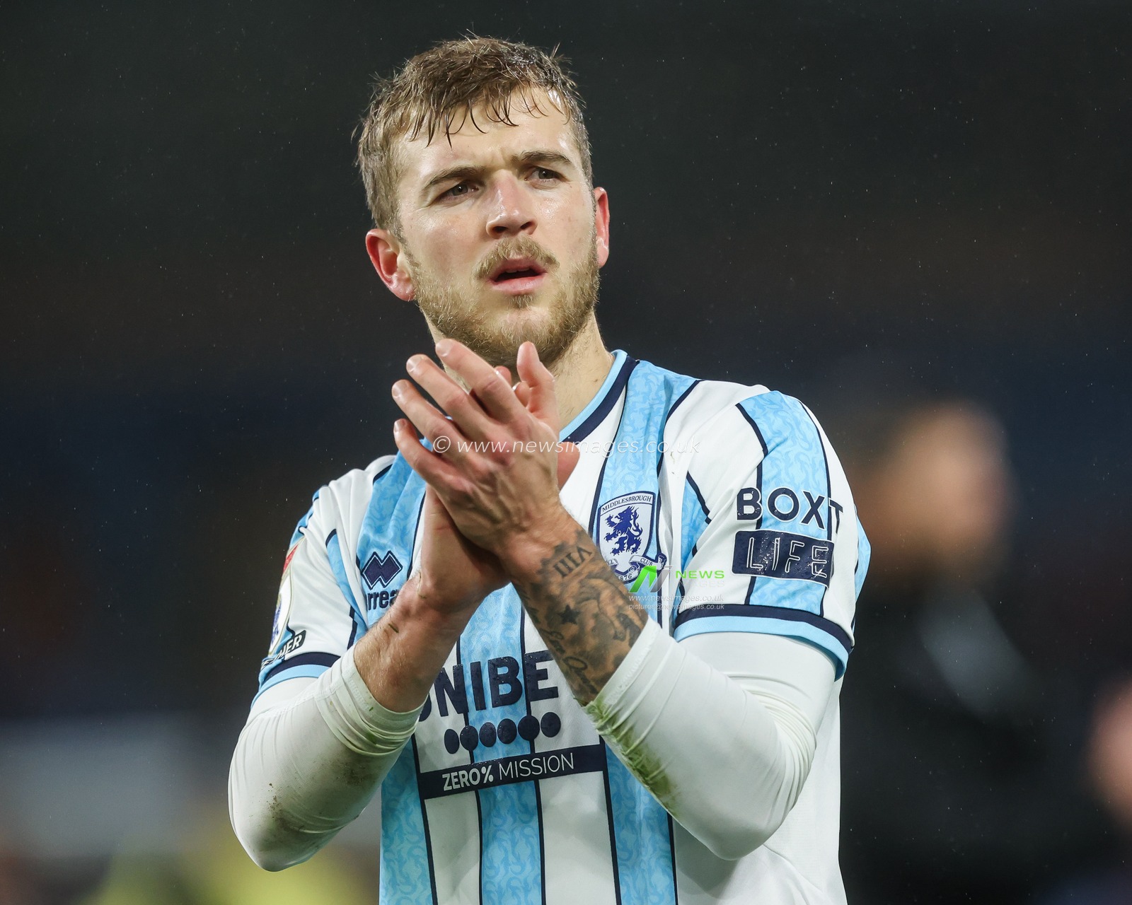 Riley McGree of Middlesbrough applauds the fans at the end of the Sky Bet Championship match Burnley vs Middlesbrough at Turf Moor, Burnley, United Kingdom, 6th December 2024

(Photo by Alfie Cosgrove/News Images)