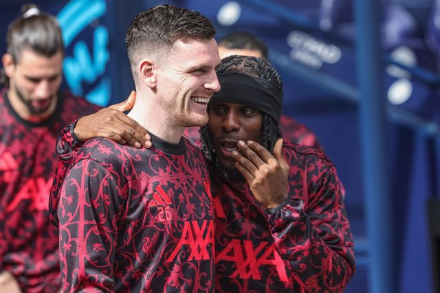 Andrew Robertson of Liverpool and Jeremie Frimpong of Liverpool in the pregame warmup session during the Emirates FA Cup Quarter-Final match Manchester City vs Liverpool at Etihad Stadium, Manchester, United Kingdom on 04 April 2026

(Photo by Mark Cosgrove/News Images)