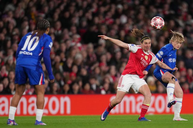 Mariona Caldentey of Arsenal and Erin Cuthbert of Chelsea battle during the UEFA Women's Champions League Quarter-finals match Arsenal vs Chelsea at Arsenal Stadium, London, United Kingdom on 24 March 2026

(Photo by Harvey Murphy/News Images)