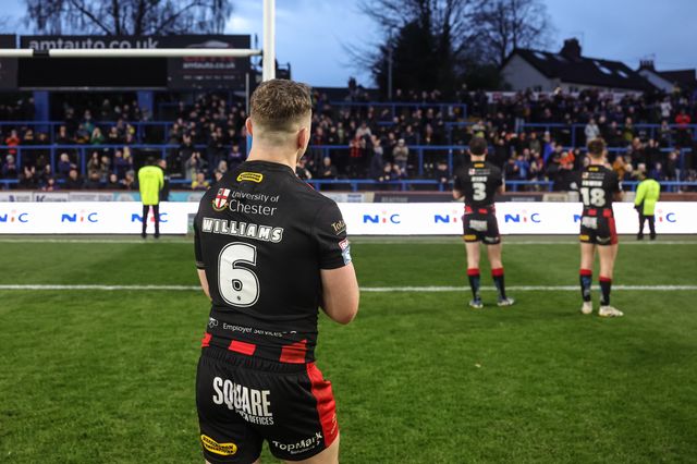 George Williams of Warrington Wolves applauds the fans during the Betfred Super League round 6 match Leeds Rhinos vs Warrington Wolves at AMT Headingley Stadium, Leeds, United Kingdom on 29 March 2026

(Photo by Mark Cosgrove/News Images)