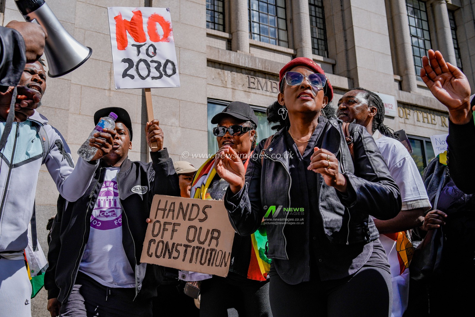 UK-based Zimbabweans gather outside the Zimbabwe Embassy in London on 18 April 2026 to protest the Constitution of Zimbabwe Amendment (No. 3) Bill, which critics say would extend President Mnangagwa’s rule until 2030 and strip citizens of the direct vote for president.

(Photo by Maynard Manyowa/News Images)