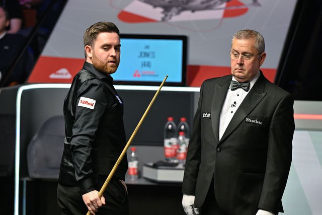 Jak Jones reacts while he looks over the table, during the Cazoo World Championships 2024 Final at Crucible Theatre, Sheffield, United Kingdom, 5th May 2024

(Photo by Cody Froggatt/News Images)