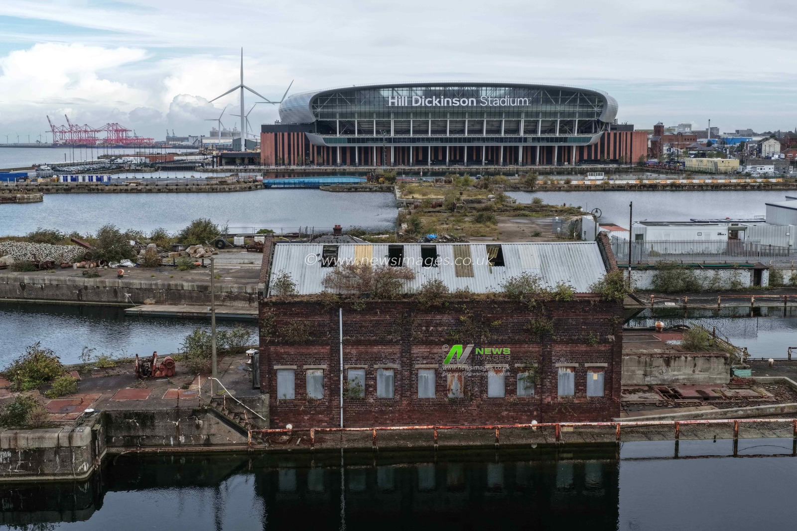 An aerial view of The Hill Dickinson Stadium from the old docks during the Premier League match Everton vs Aston Villa at Hill Dickinson Stadium, Liverpool, United Kingdom, 13th September 2025

(Photo by Mark Cosgrove/News Images)