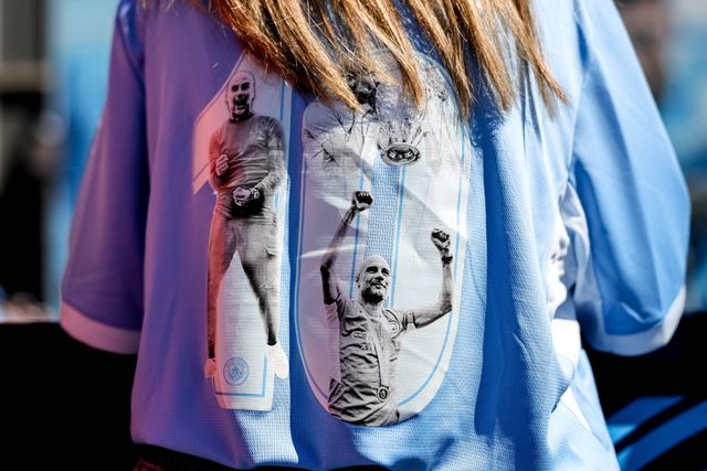 A fan with a 10 years of Pep Guardiola Manchester City shirt during the Premier League match Manchester City vs Aston Villa at Etihad Stadium, Manchester, United Kingdom on 24 May 2026

(Photo by Mark Cosgrove/News Images)