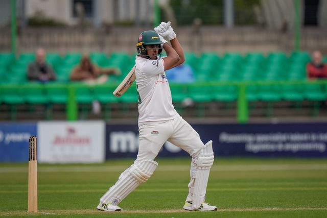 Rishi Patel hits the ball for four during the County Championship Division One day 3 Leicestershire vs Nottinghamshire at Grace Road, Leicester, United Kingdom on 03 May 2026

(Photo by Maynard Manyowa/News Images)