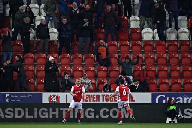 Louie Sibley of Rotherham United celebrates his goal during the Sky Bet League 1 match Rotherham United vs Wycombe Wanderers at New York Stadium, Rotherham, United Kingdom, 18th March 2025

(Photo by Sam Eaden/News Images)