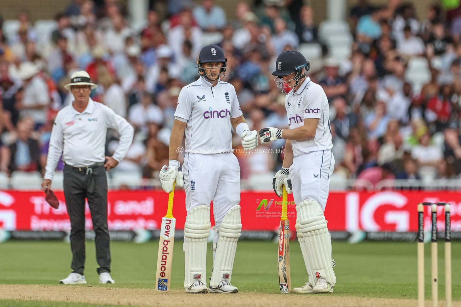 Harry Brook of England and Joe Root of England bump fists as they knock up a partnership of 50 runs during the Rothesay Test Match day three England vs West Indies at Trent Bridge, Nottingham, United Kingdom, 20th July 2024

(Photo by Mark Cosgrove/News Images)