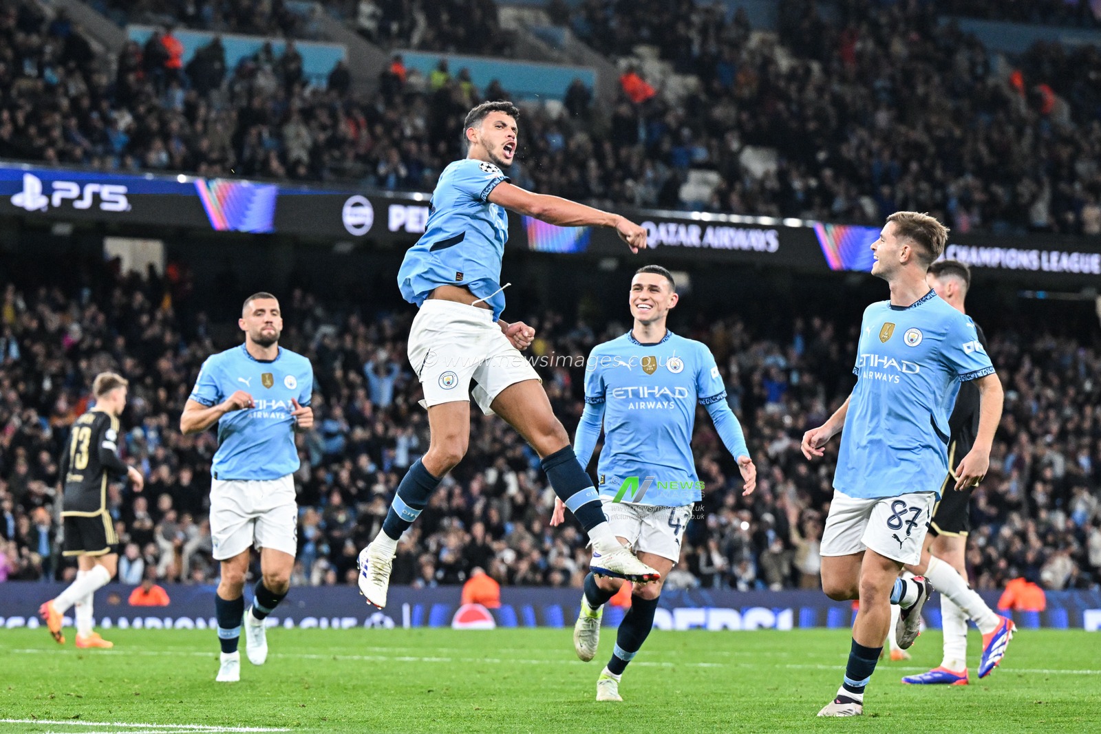 Matheus Nunes of Manchester City celebrates his goal to make it 5-0 during the UEFA Champions League, League Stage Manchester City v Sparta Prague at Etihad Stadium, Manchester, United Kingdom, 23rd October 2024

(Photo by Cody Froggatt/News Images)