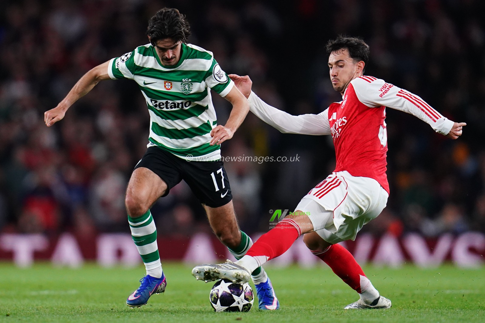 Martin Zubimendi of Arsenal and Trincao of Sporting CP battle during the UEFA Champions League Quarter Finals match Arsenal vs Sporting CP at Arsenal stadium, London, United Kingdom on 15 April 2026

(Photo by Harvey Murphy/News Images)