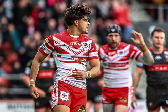 Bill Leyland of St Helens celebrates his try during the Betfred Super League round 7 match St Helens vs Wigan Warriors at The BrewDog Stadium, St Helens, United Kingdom on 03 April 2026

(Photo by Alfie Cosgrove/News Images)