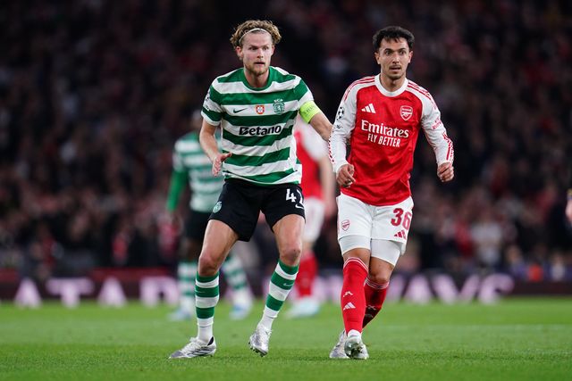 Martin Zubimendi of Arsenal and Morten Hjulmand of Sporting CP during the UEFA Champions League Quarter Finals match Arsenal vs Sporting CP at Arsenal stadium, London, United Kingdom on 15 April 2026

(Photo by Harvey Murphy/News Images)
