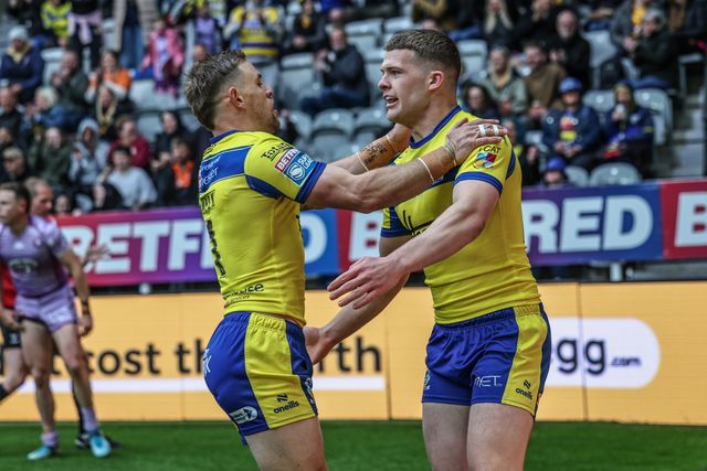 Jake Thewlis of Warrington Wolves celebrates his try during the Betfred Magic Weekend 2025 match Huddersfield Giants vs Hull FC at St. James's Park, Newcastle, United Kingdom, 4th May 2025

(Photo by Mark Cosgrove/News Images)