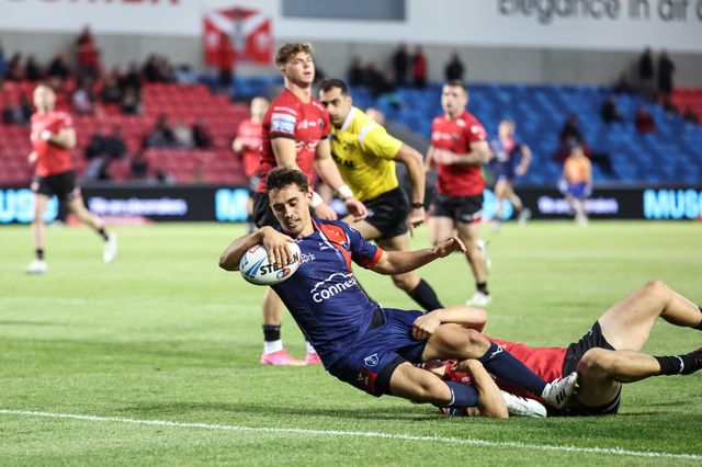 Arthur Mourgue of Hull KR goes over for a try during the Betfred Super League Round 20 Salford Red Devils vs Hull KR at Salford Community Stadium, Eccles, United Kingdom, 31st July 2025

(Photo by Mark Cosgrove/News Images)