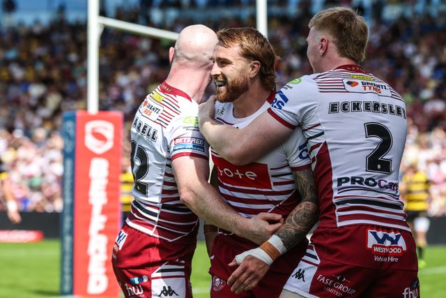 Adam Keighran of Wigan Warriors celebrates his try during the Betfred Super League round 15 match York Knights vs Wigan Warriors at LNER Community Stadium, York, United Kingdom on 20 June 2026

(Photo by Alfie Cosgrove/News Images)