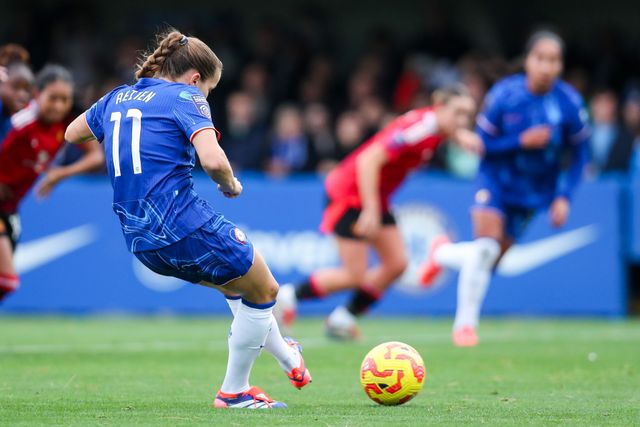 Guro Reiten of Chelsea Women scores a penalty to make it 1-0 during the Barclays Women's Super League match Chelsea FC Women vs Manchester United Women at Kingsmeadow Stadium, Kingston upon Thames, United Kingdom, 24th November 2024

(Photo by Izzy Poles/News Images)