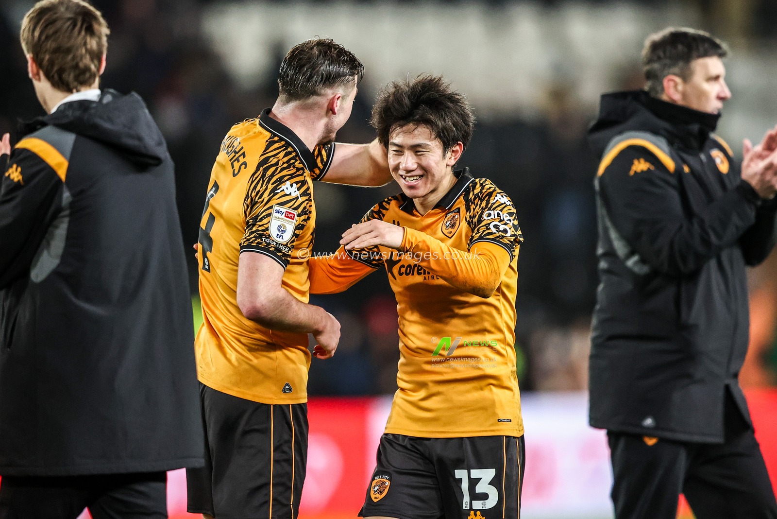 Charlie Hughes of Hull City and Yu Hirakawa of Hull City celebrate the win during the Sky Bet Championship match Hull City vs Swansea City at MKM Stadium, Hull, United Kingdom on 24 January 2026

(Photo by Alfie Cosgrove/News Images)