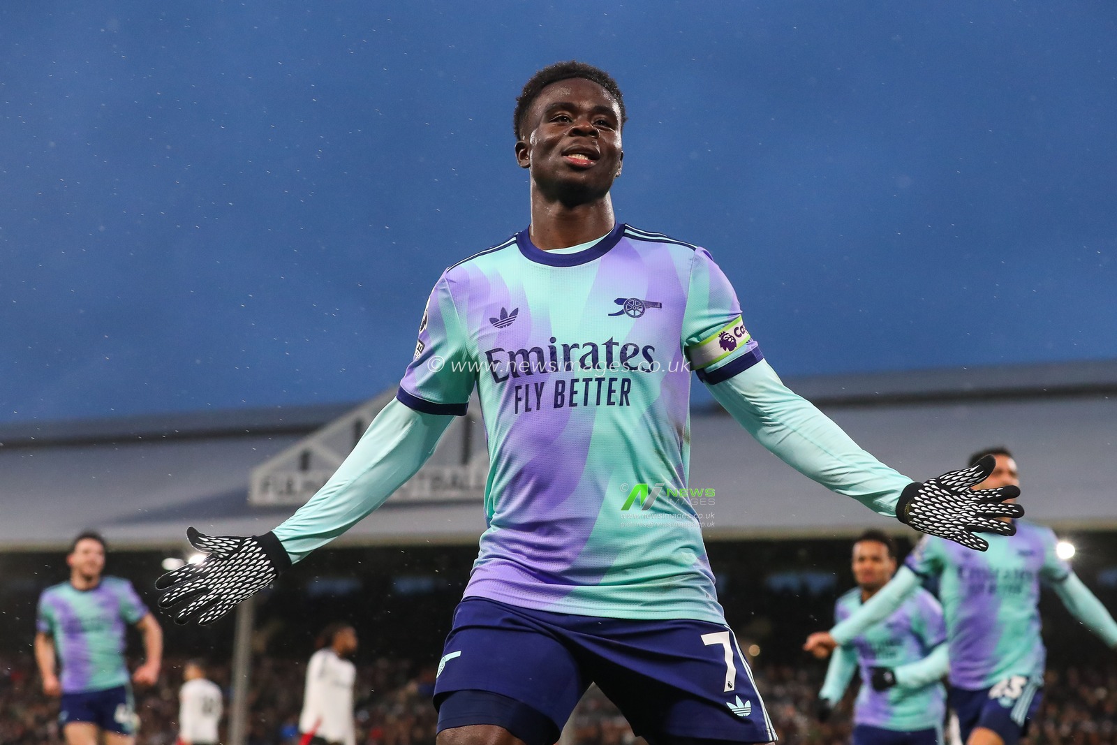 Bukayo Saka of Arsenal celebrates his goal but is ruled out by VAR for offside, no goal during the Premier League match Fulham vs Arsenal at Craven Cottage, London, United Kingdom, 8th December 2024

(Photo by Gareth Evans/News Images)