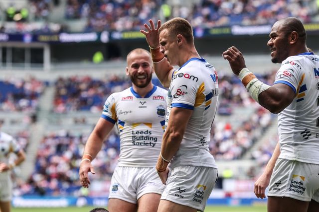 Ash Handley of Leeds Rhinos celebrates his try during the Betfred Super League Magic Weekend match Leeds Rhinos vs Bradford Bulls at Hill Dickinson Stadium, Liverpool, United Kingdom on 05 July 2026

(Photo by Alfie Cosgrove/News Images)