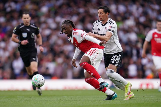 Eberechi Eze of Arsenal holds off Sasa Lukic of Fulham during the Premier League match Arsenal vs Fulham at Emirates, London, United Kingdom on 02 May 2026

(Photo by Harvey Murphy/News Images)