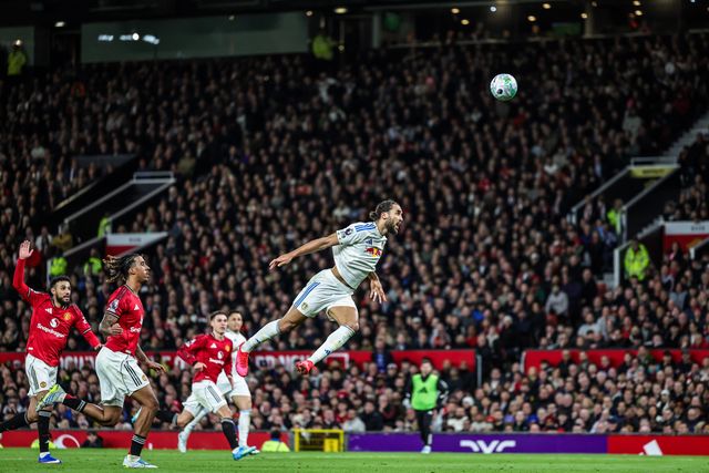 Dominic Calvert-Lewin of Leeds United heads on goal during the Premier League match Manchester United vs Leeds United at Old Trafford, Manchester, United Kingdom on 13 April 2026

(Photo by Mark Cosgrove/News Images)