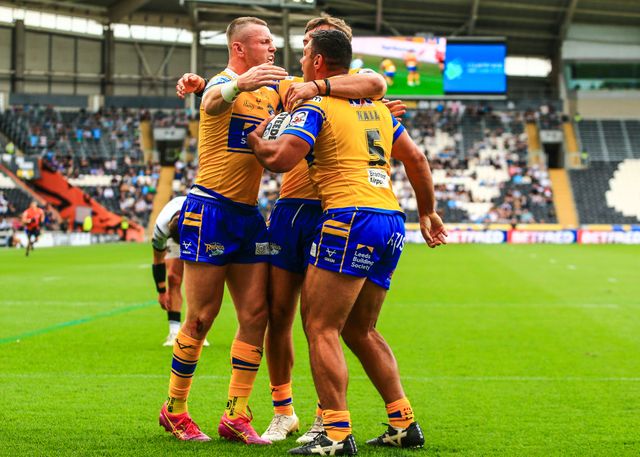 Ryan Hall  of Leeds Rhinos celebrates his try during the Betfred Super League Round 24 match Hull FC vs Leeds Rhinos at MKM Stadium, Hull, United Kingdom, 30th August 2025

(Photo by Richard Bierton/News Images)