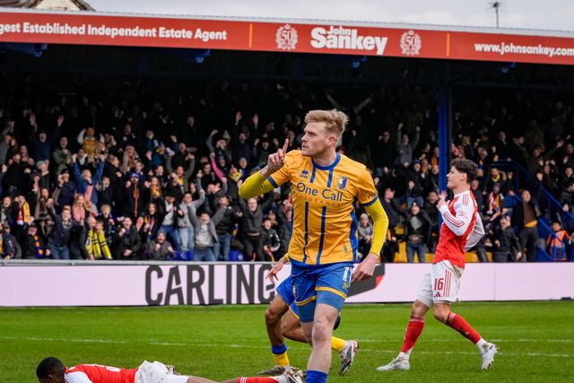 Will Evans of Mansfield Town celebrates his goal to make it  1-1 during the Emirates FA Cup fifth round match Mansfield Town vs Arsenal at One Call Stadium, Mansfield, United Kingdom on 07 March 2026

(Photo by Maynard Manyowa/News Images)