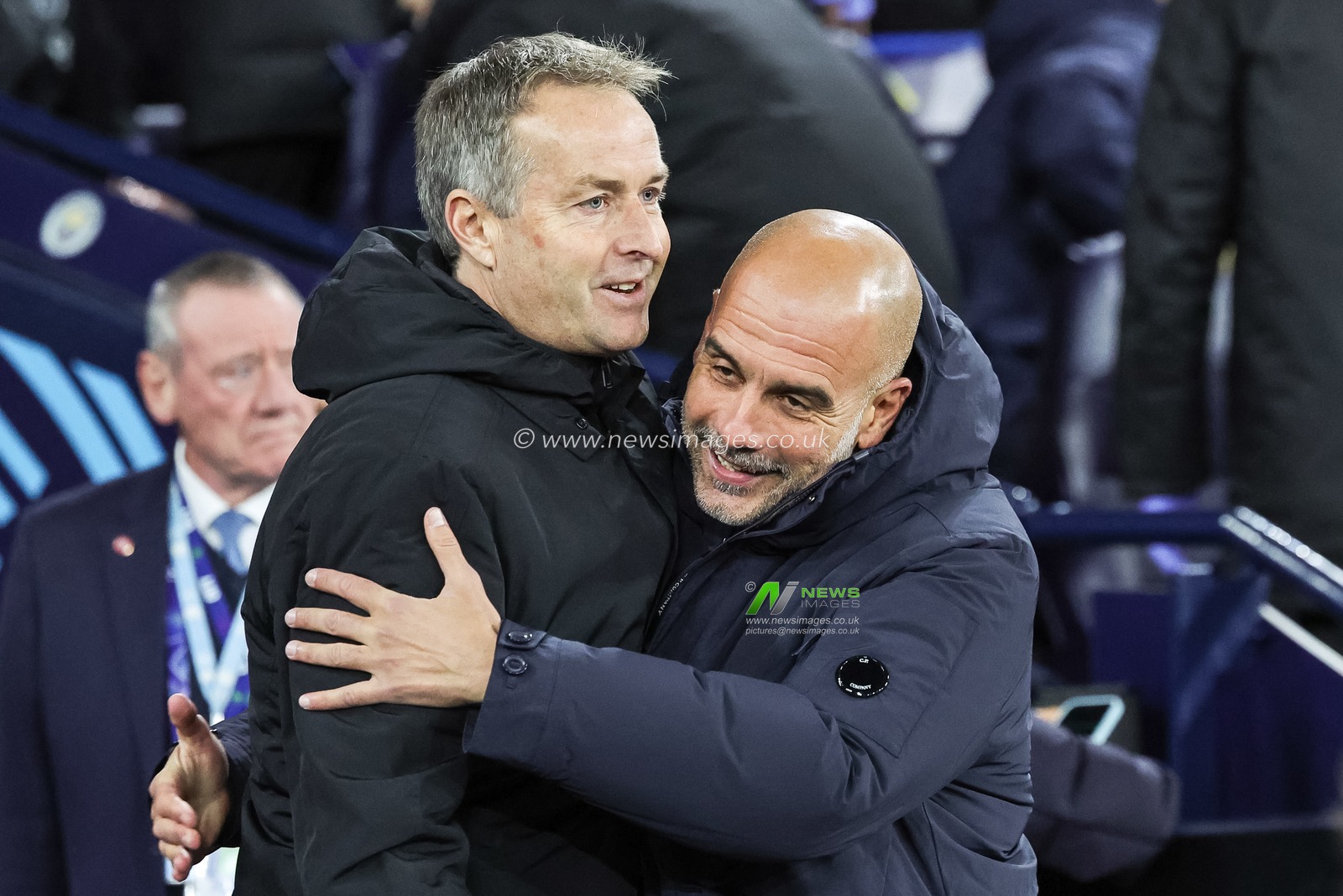 Pep Guardiola manager of Manchester City greats Kasper Hjulmand manager of Bayer 04 Leverkusen during the UEFA Champions League Matchday 5 of 8 Manchester City v Bayer 04 Leverkusen at City of Manchester Stadium, Manchester, United Kingdom, 25th November 2025

(Photo by Mark Cosgrove/News Images)

*** GER AUT SUI OUT ***