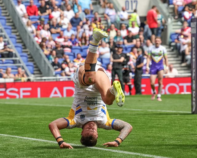 Chris Hankinson of Leeds Rhinos celebrates his try by doing a roly-poly during the Betfred Super League Magic Weekend match Leeds Rhinos vs Bradford Bulls at Hill Dickinson Stadium, Liverpool, United Kingdom on 05 July 2026

(Photo by Mark Cosgrove/News Images)