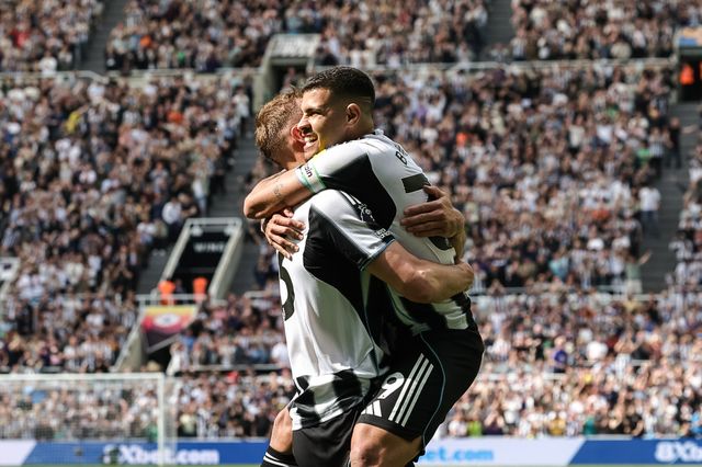 Dan Burn of Newcastle United celebrates his goal to make it 2-0 with Bruno Guimaraes of Newcastle United during the Premier League match Newcastle Untied vs Brighton & Hove Albion at St. James's Park, Newcastle, United Kingdom on 02 May 2026

(Photo by Mark Cosgrove/News Images)